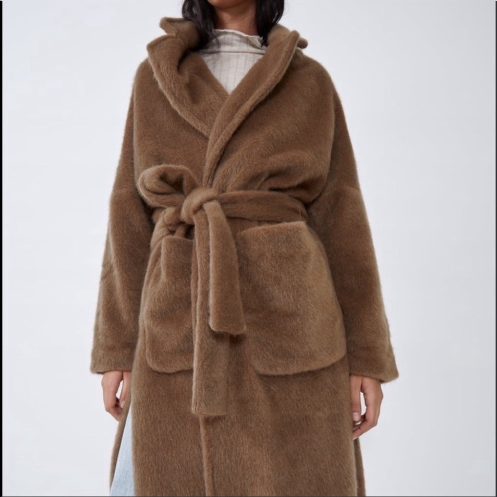 ZARA Faux Fur Teddy Tie Waist Coat Camel Small - Picture 12 of 16